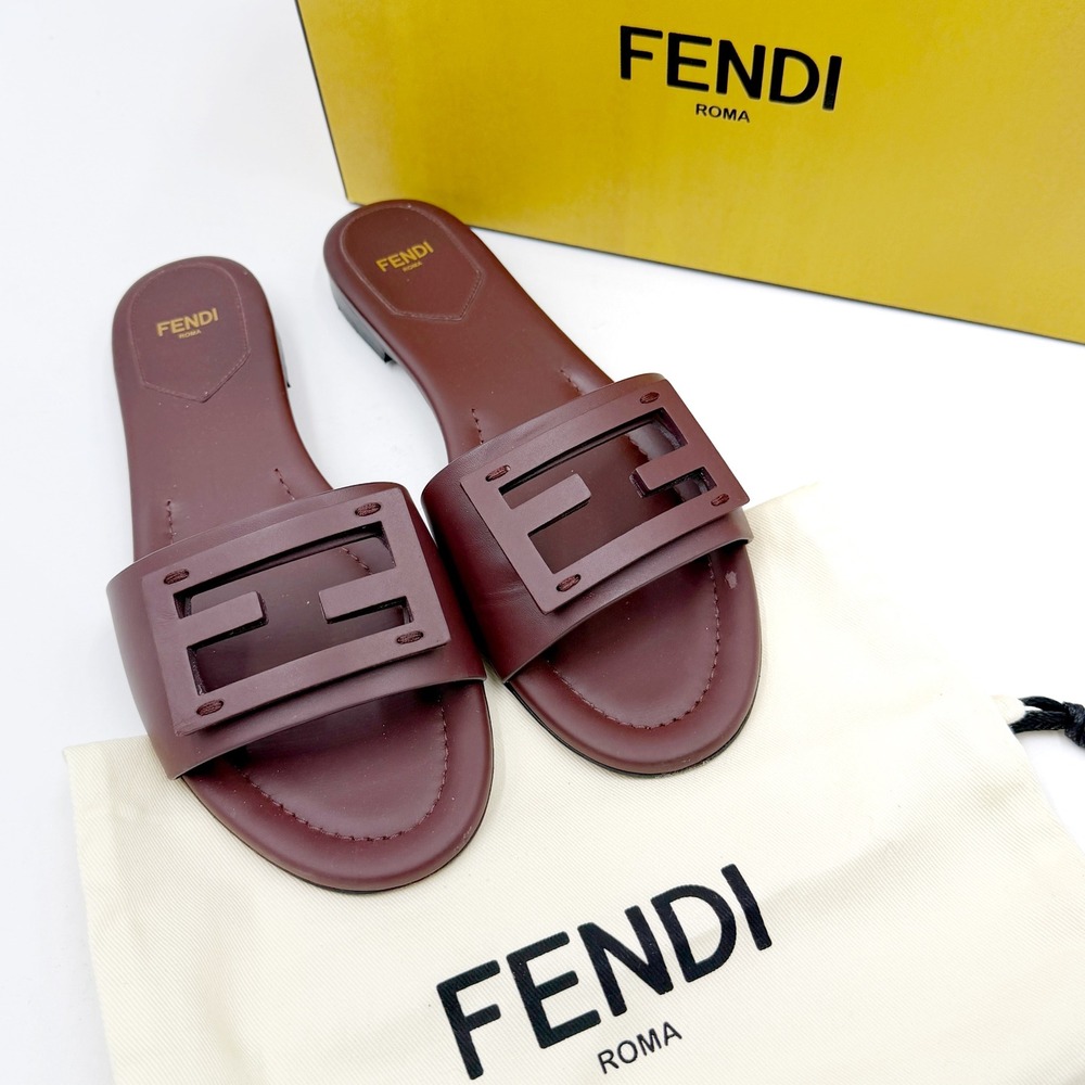 Fendi Baguette Slide Sandals Burgundy FF Logo Leather Women Sz 38.5 / 8.5